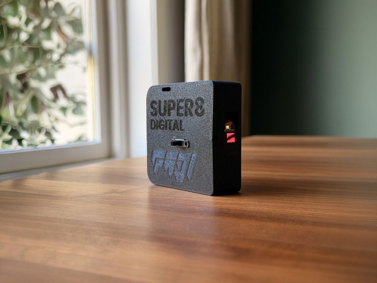 The printed cartridge standing on a wooden table by a window: a black shell, a textured grey lid engraved SUPER8 DIGITAL, the slide switch and the FABI logo.